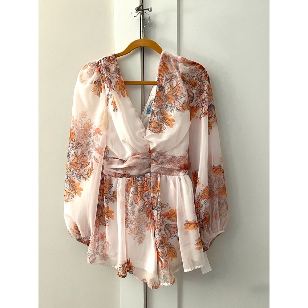 Big Water Blue Sky Peachy Floral Romper Long Sleeve Women's Size L